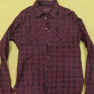 Guess Men's Dark Red Plaid Button Down Shirt